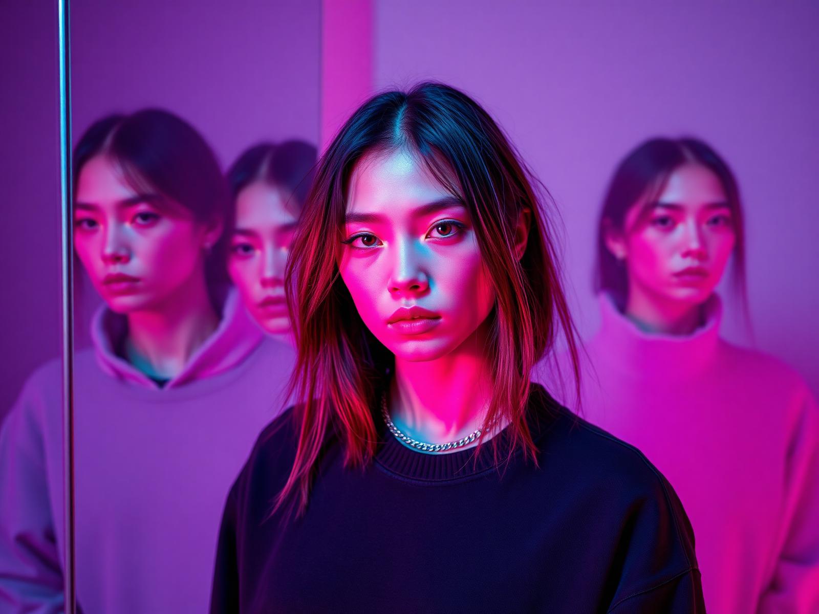 Model with virtual try-on reflections